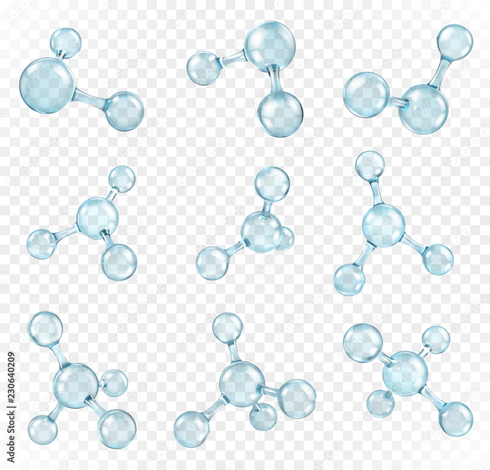 Glass transparent molecules model. Reflective and refractive abstract molecular shape isolated on transparent background. Vector illustration - obrazy, fototapety, plakaty 