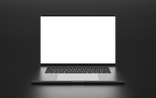 Laptop With Blank Screen Isolated On Black Background. Whole In Focus. Template, Mockup.