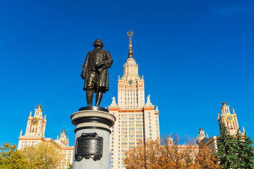 Monument to the famous Russian scientist Mikhail Lomonosov (1953) in front of the main building of Moscow State University (MSU)