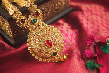 Indian Traditional Gold Necklace with Gemstones