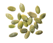 Raw Pumpkin Seeds On White Background, Top View