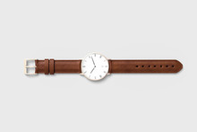 Brown Leather Watch For Men Isolated On Soft Gray Background.