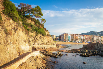 Poster - Beautiful view on Lloret de mar on sunny bright day. Waterfront of LLoret de Mar, Costa Brava, Spain.
