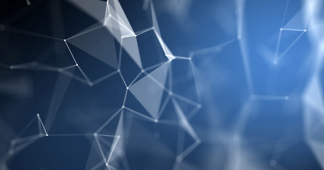 Plexus abstract background, geometric wireframe structure with lines and dots connection nodes. 3D computer digital technology blue molecular texture background