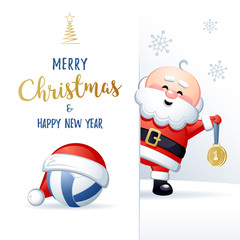 Wall Mural - Merry Christmas and Happy New Year. Sports greeting card. Cute Santa Claus with Volleyball ball and Gold medal. Vector illustration.