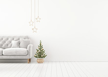 Living Room Interior Wall Mock Up With Grey Tufted Sofa, Fur Pillow, Stars And Decorated Christmas Tree On Empty White Background. 3D Rendering.