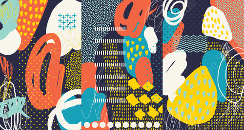 Creative doodle art header with different shapes and textures. Collage. Vector