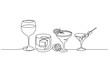 © Valenty - Continuous one line drawing. Bottle and glass of whiskey with ice. Vector illustration