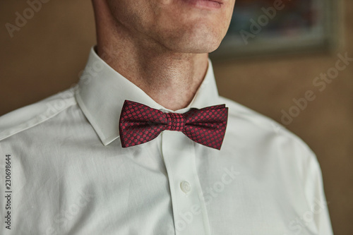 Fotografie, Obraz businessman putting on bow tie ,man butterfly clothes,groom getting ready in th