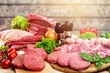 Fresh Raw Meat Background with vegetables, meat concept, butcher