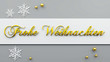 3d render - Frohe Weihnachten text in gold letters and christmas baubles on grey background 