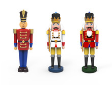 Christmas Vintage Wooden Toys - Nutcrackers And Soldier. 3D Image On White Background