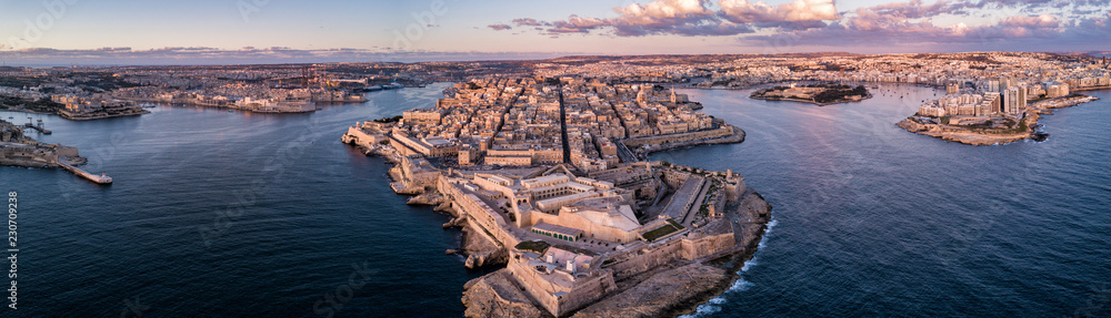 Obraz na płótnie Aerial drone panorama sunrise photo - Ancient capital city of Valletta Malta.  Island Country of Europe in the Mediterranean Sea w salonie