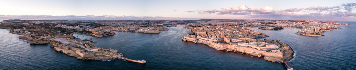 Sticker - Aerial drone panorama sunrise photo - Ancient capital city of Valletta Malta.  Island Country of Europe in the Mediterranean Sea