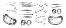 Collection Of Surgical Instruments And Tools Including On White Background