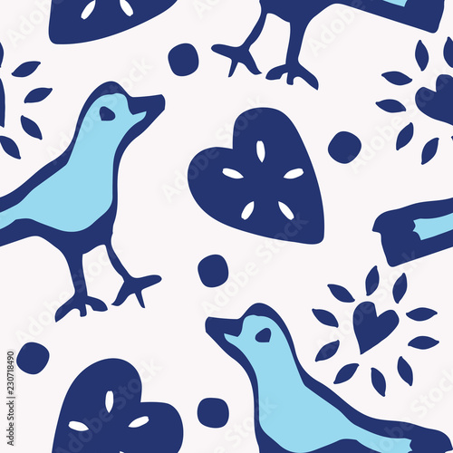 Fotografija Cute birds and hearts folk art seamless vector pattern in indigo, light blue and white