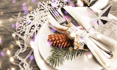 Canvas Print - Festive table setting with cone for Christmas celebration