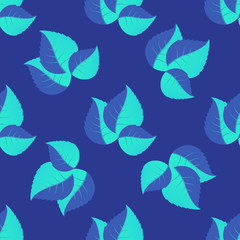 Poster - Seamless pattern of leaves arranged randomly on blue background.