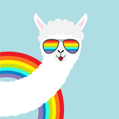 Sticker - Alpaca llama animal face in rainbow glassess. Cute cartoon funny kawaii character. Fluffy hair fur. T-shirt, greeting card, poster print. Gay symbol collection. Flat design. Blue background.