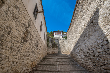 Old town Berat, historic city in the south of Albania.Tiny stone streets with white stone houses built in ottoman style. also called city of a thousand windows. World Heritage Site by UNESCO