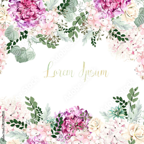 Beautiful watercolor wedding card with leaves and flowers of  hudrangea, rose...