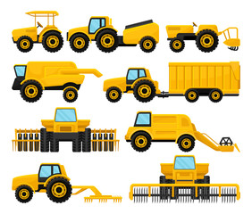 Wall Mural - Flat vecto set of yellow agricultural machinery. Tractors and combine harvesters. Farm vehicle. Equipment for field work