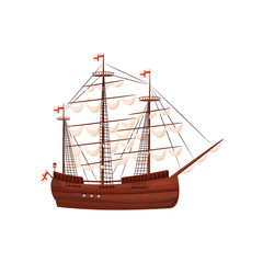 Wall Mural - wooden sailing ship. old marine vessel with beige sails and bright red flags. flat vector element fo