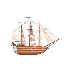 Wall Mural - wooden ship with big beige sails, flag with blue crosses and round windows. medieval marine vessel. 
