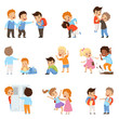 Kids bullying the weaks set, boys and girls mocking classmates, bad behavior, conflict between children, mockery and bullying at school vector Illustration