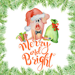 Canvas Print - Christmas watercolor card with cute funny pig with lettering quote Merry and Bright