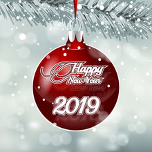 2019 Happy New Year. Red Christmas Toy On Snowfall Background