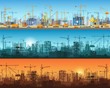 © lembergvector - Horizontal banner of city or website construction. Tractors, grader, bulldozers, excavators and tower cranes with skyscraper under construction. Silhouette and trendy flat vector illustration.