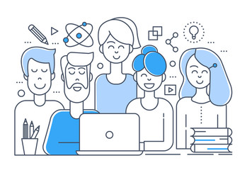 Poster - Flat line design of creative team. Teamwork outline color concept.