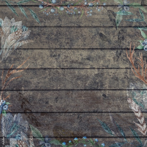 Fotografie, Obraz Boho Chic Fall Wood Background with Flowers and Feathers