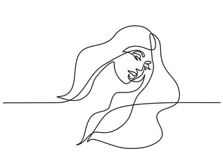 Wall Mural - Continuous one line drawing. Abstract portrait of pretty young woman with beautiful hair. Vector illustration