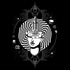 Vector hand drawn surreal illustration of female head with rocket and planets. Creative tattoo artwork. Template for card, poster, banner, print for t-shirt.