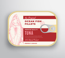 Abstract Vector Ocean Fish Fillets Aluminium Container With Label Cover. Premium Canned Packaging Design. Retro Typography And Hand Drawn Tuna Silhouette Background Layout.