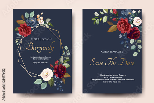 Cuadros en Lienzo Set of card with flower rose, leaves