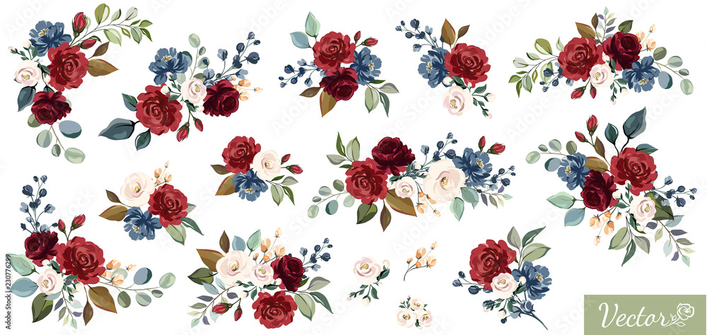 Set of floral branch. Flower red, burgundy, navy blue rose, green leaves. Wedding concept with flowers. Floral poster, invite. Vector arrangements for greeting card or invitation design - obrazy, fototapety, plakaty 