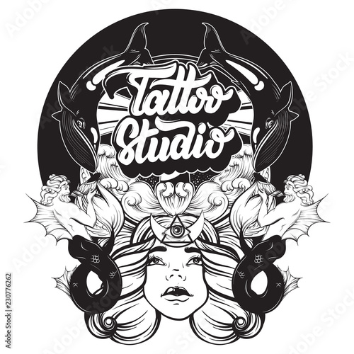 Tattoo Studio Vector Handwritten Lettering Hand Drawn Illustration Of Triton Sea Waves Woman Face Template For Card Poster Banner Label Print For T Shirt Logo Design Buy This Stock Vector And Explore