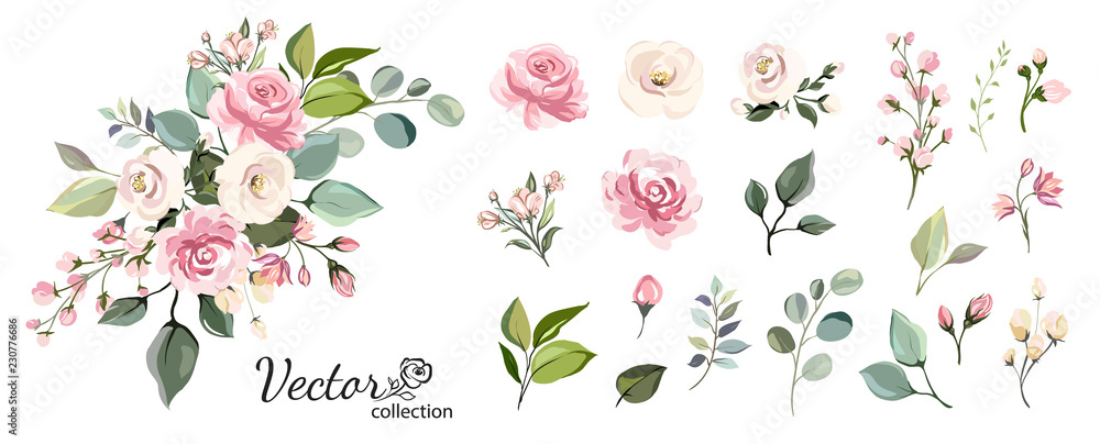 Set of floral branch. Flower pink rose, green leaves. Wedding concept with flowers. Floral poster, invite. Vector arrangements for greeting card or invitation design - obrazy, fototapety, plakaty 