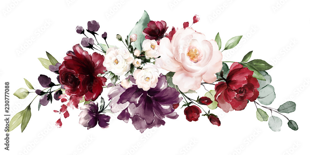  watercolor burgundy flowers. floral illustration, Leaf and buds. Botanic composition for wedding, greeting card.  branch of flowers - abstraction roses - obrazy, fototapety, plakaty 