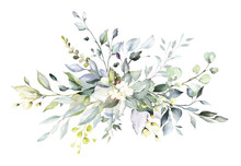  Watercolor Floral Arrangements With Leaves, Herbs.  Herbal Illustration. Botanic Composition For Wedding, Greeting Card.