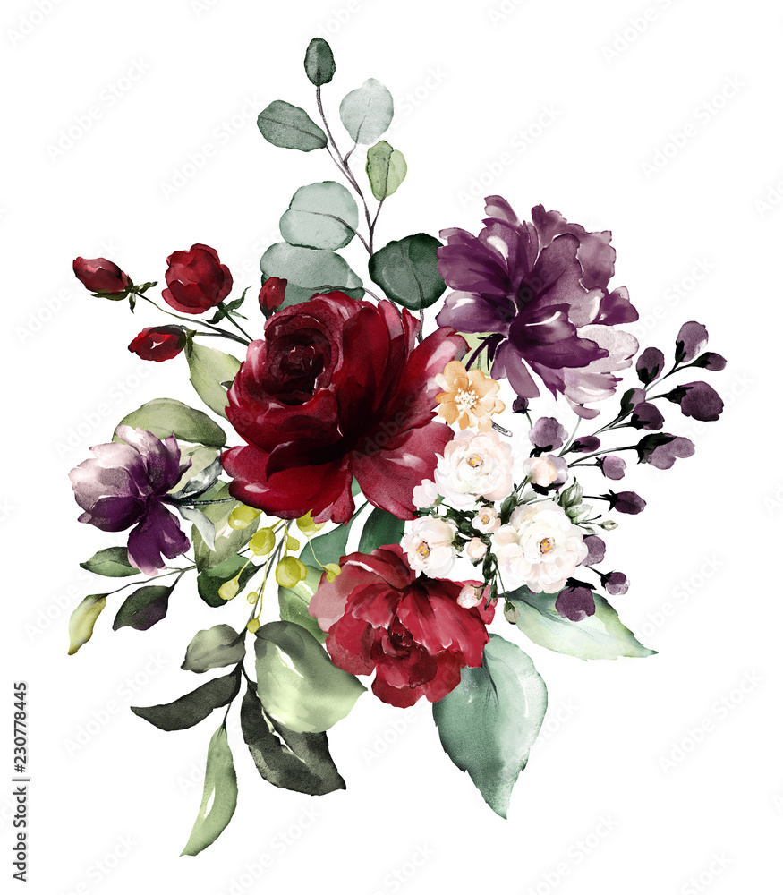  watercolor burgundy flowers. floral illustration, Leaf and buds. Botanic composition for wedding, greeting card.  branch of flowers - abstraction roses - obrazy, fototapety, plakaty 