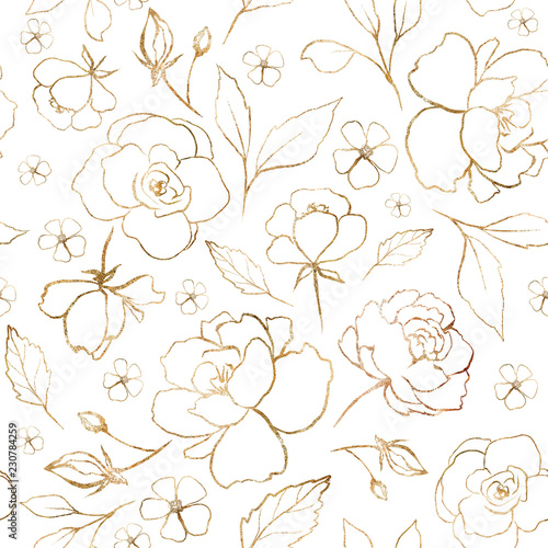 Dekoracja na wymiar  wzor-ze-zlotymi-kwiatami-i-liscmi-recznie-rysowane-tla-kwiatowy-wzor-na-tapete