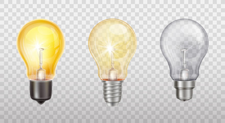 Vector realistic set with incandescent lamps, glowing yellow light bulbs, isolated on transparent background. Electric lightbulb, symbol of creative ideas, business solutions, innovations