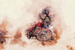 Biker standing beside motorcycle, digital watercolor illustration