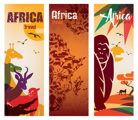 Wall Mural - Africa travel background, decorative symbol of Africa continent with wild animals silhouettes, set of flyers template