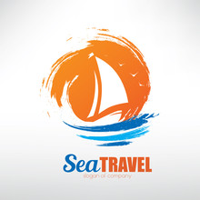 Sail Boat On Seascape Background, Stylized Vector Symbol