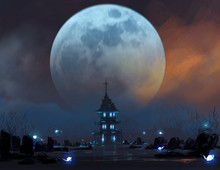Cemetery In Night Scene With Ghosts's Spirits Against Big Blue Moon, Digital Illustration Art Painting Design Style.